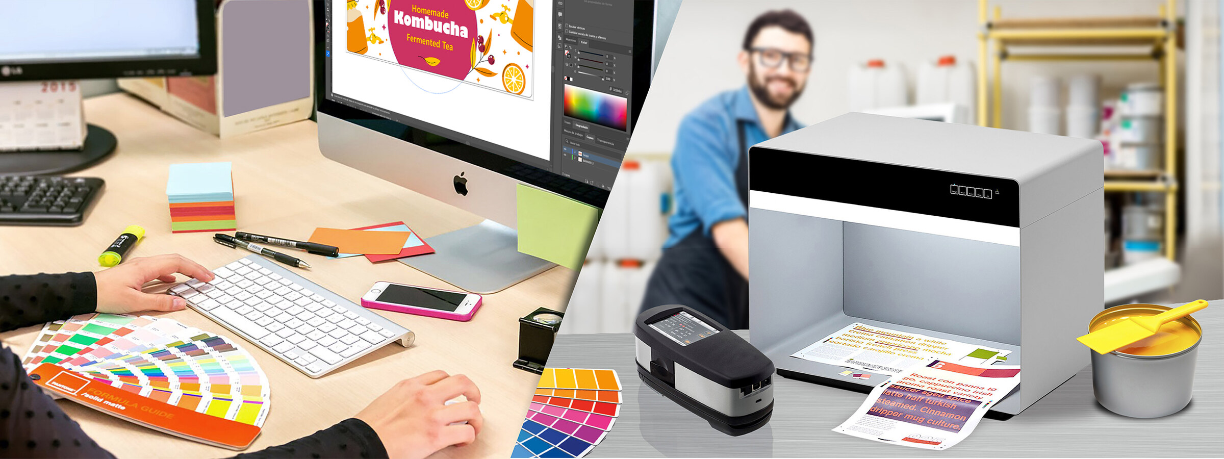 Equipo de diseño y preprensa de Keyson con monitores, paletas Pantone y proofer profesional