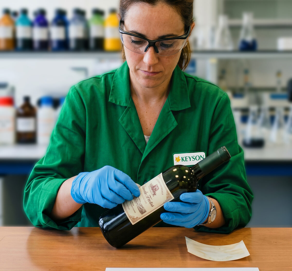 Técnica con guantes evaluando una botella etiquetada