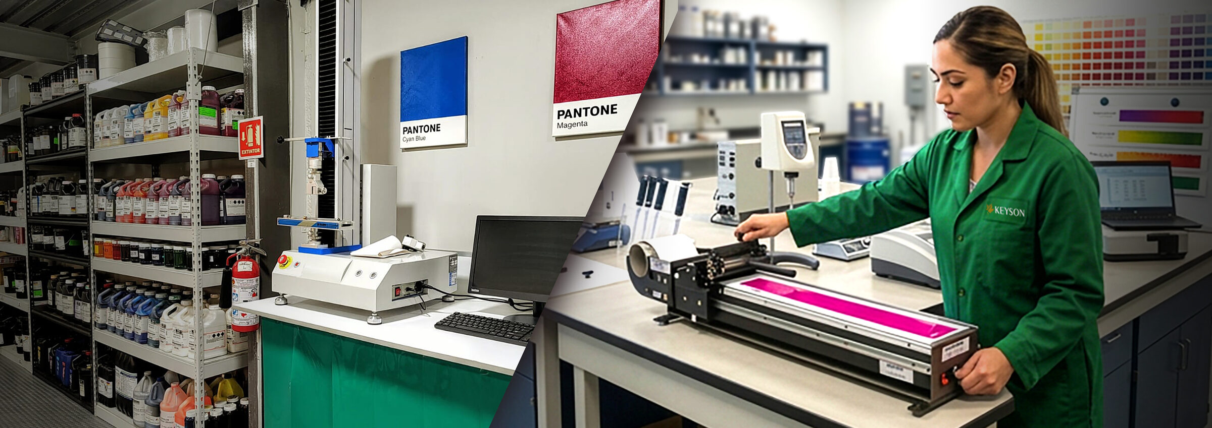 Técnica del laboratorio Keyson trabajando con equipos de medición y muestras Pantone