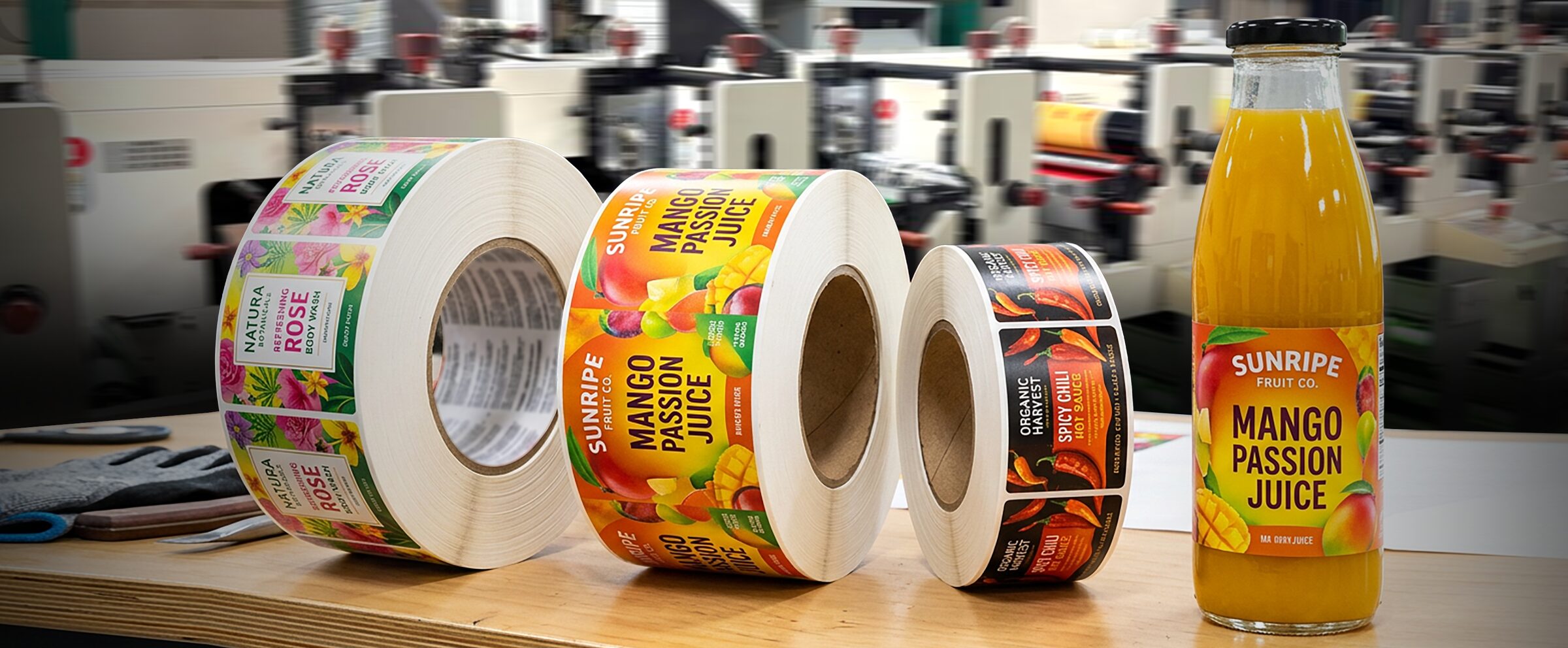 Rollos de etiquetas impresas a color junto a producto terminado