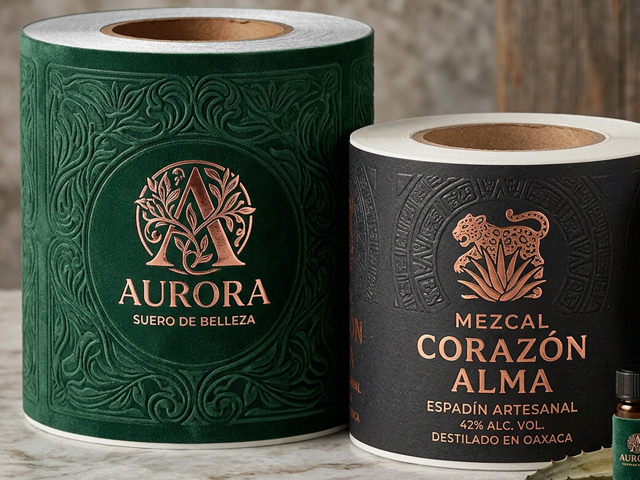 Rollos de etiquetas premium AURORA y Mezcal Corazón Alma con hot stamping y embossing en tonos cobre