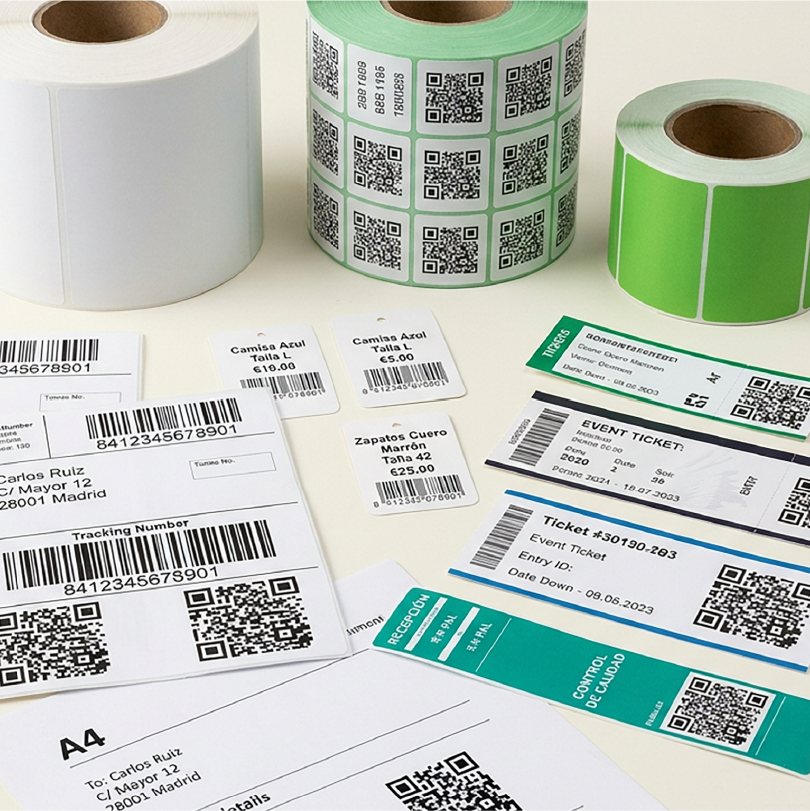 Rollos de etiquetas con impresión de datos variables, códigos de barras y QR